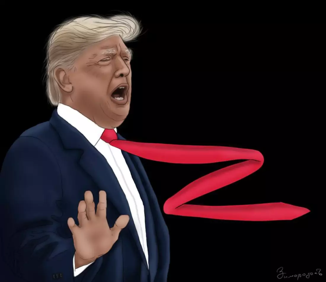 Trump con la cravatta che disegna una zeta, simbolo dei russi di Putin