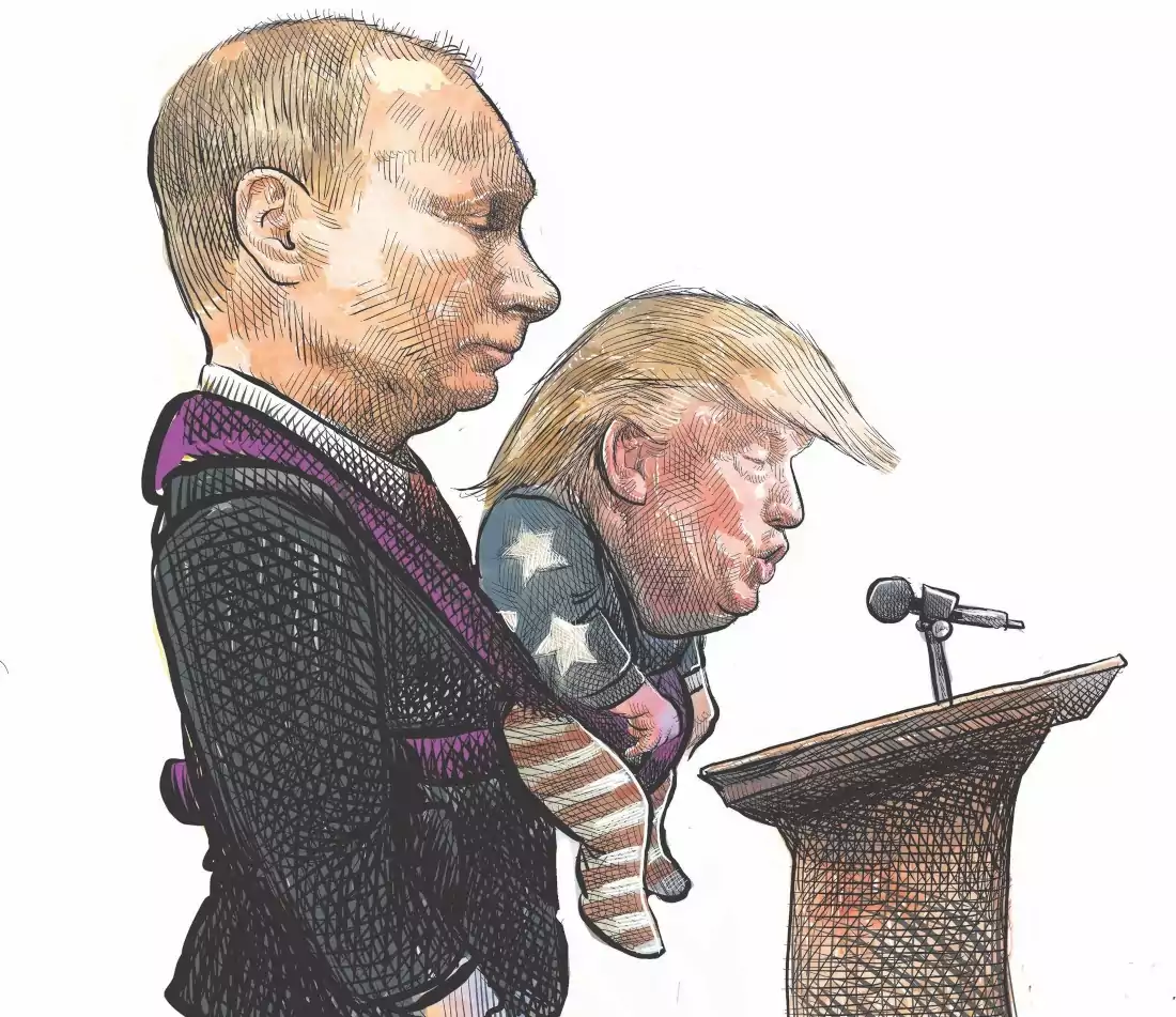 Putin tiene in braccio un piccolo Trump che parla al microfono