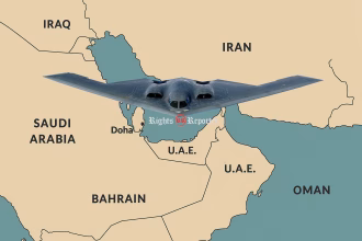 mappa del golfo persico con aereo B2 americano del attacco USA all'Iran