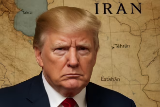 Trump con sullo sfondo la cartina dell'Iran e del regime iraniano