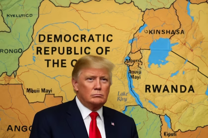 Donald Trump chiede il nobel per la pace con sullo sfondo la mappa del Congo e del Ruanda