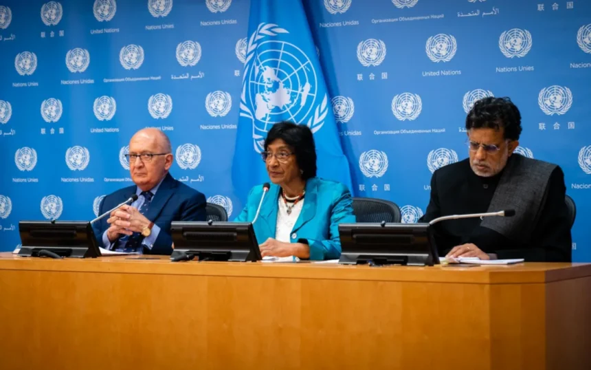 Commissione ONU genocidio I commissari delle Nazioni Unite Chris Sidoti, a sinistra, Navi Pillay, al centro, e Miloon Kothari, a destra
