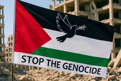 bandiera palestinese sulle rovine di Gaza che chiede la fine del genocidio