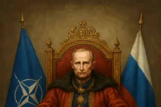 Putin su un trono che calpesta la bandiera della NATO