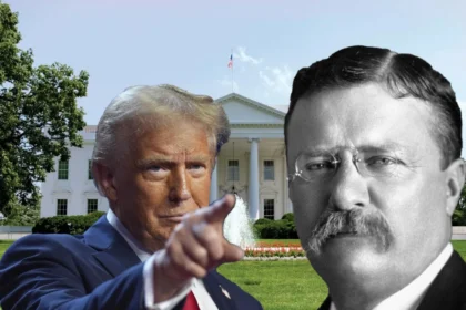 Trump e Roosevelt con sullo sfondo la Casa Bianca