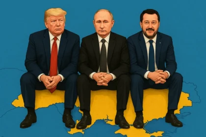 guerra con la russia. Trump, Putin e Salvini siedono su mappa ucraina