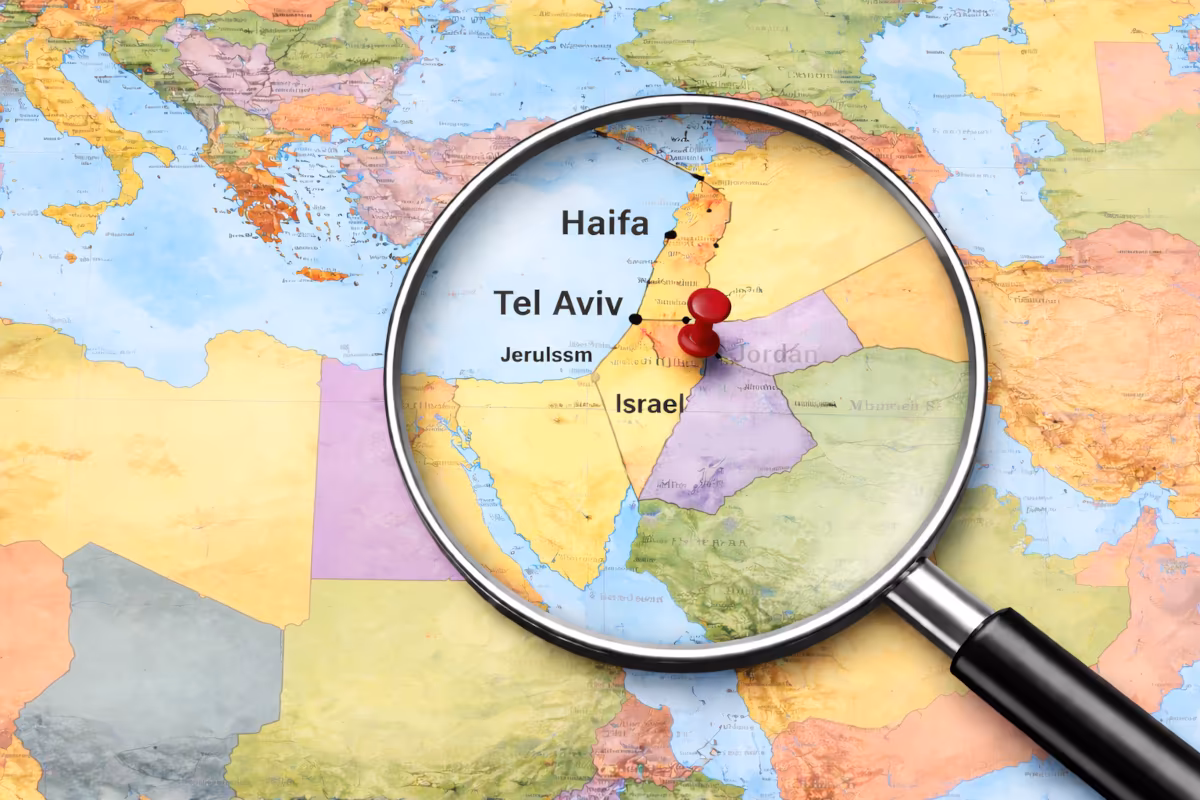 mappa del medio oriente con lente su Israele