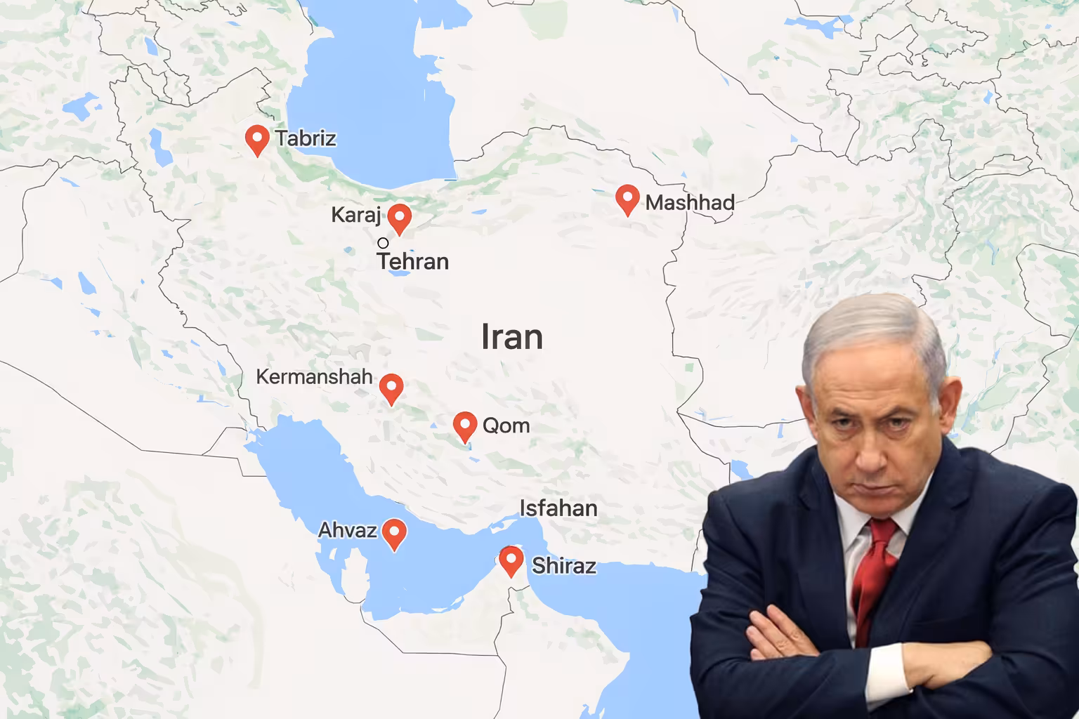 Benjamin Netanyahu con sullo sfondo la cartina dell'Iran