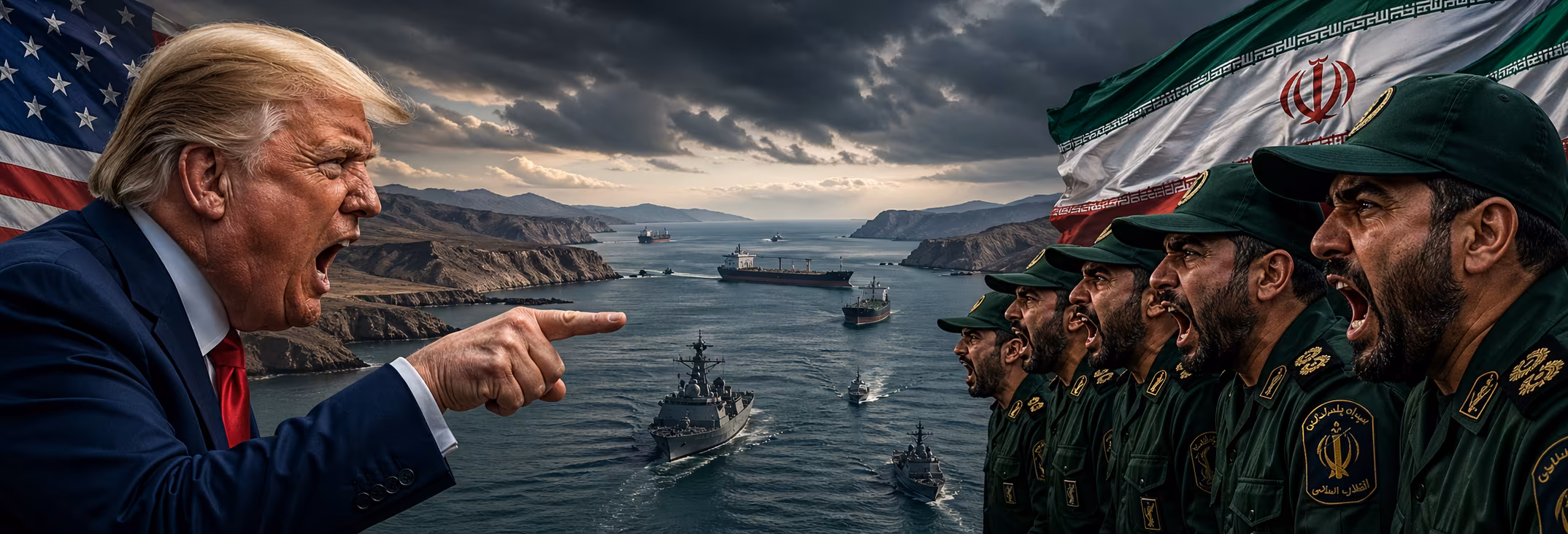 trump che urla contro i pasdaran iraniani con in sottofondo lo stretto di hormuz ostaggio della guerra in iran
