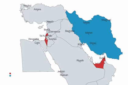 mappa medio oriente con in evidenza iran, emirati arabi uniti e israele