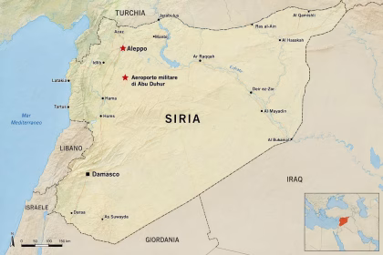 mappa della siria con evidenziati aleppo e aeroporto bombardato da israele